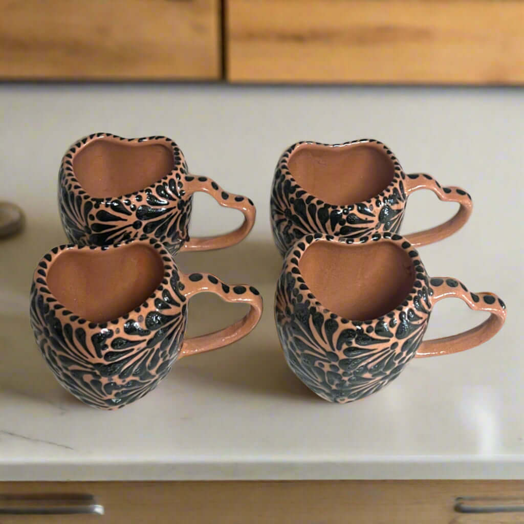 Black Talavera Heart Mug – Slightly Imperfect & Handmade hand-painted black and clay heart-shaped mug set from Guanajuato, Mexico