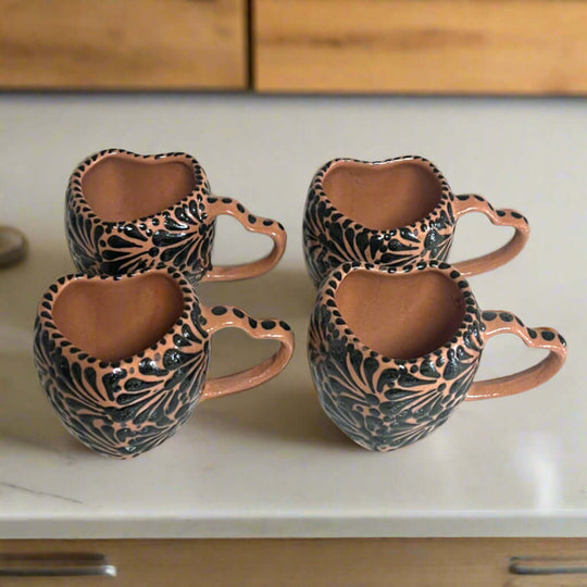 Black Talavera Heart Mug – Slightly Imperfect & Handmade hand-painted black and clay heart-shaped mug set from Guanajuato, Mexico