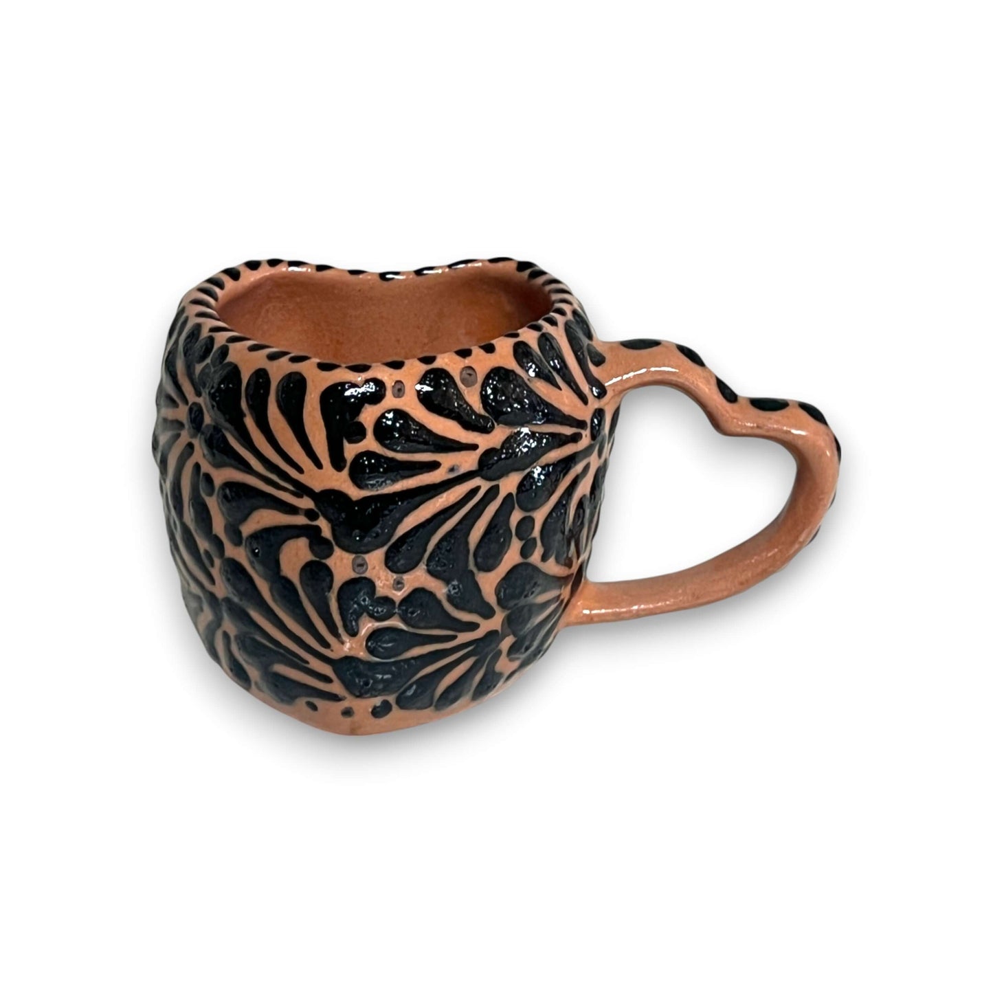 Black Talavera Heart Mug – Slightly Imperfect & Handmade hand-painted black and clay heart-shaped mug with patterned glaze