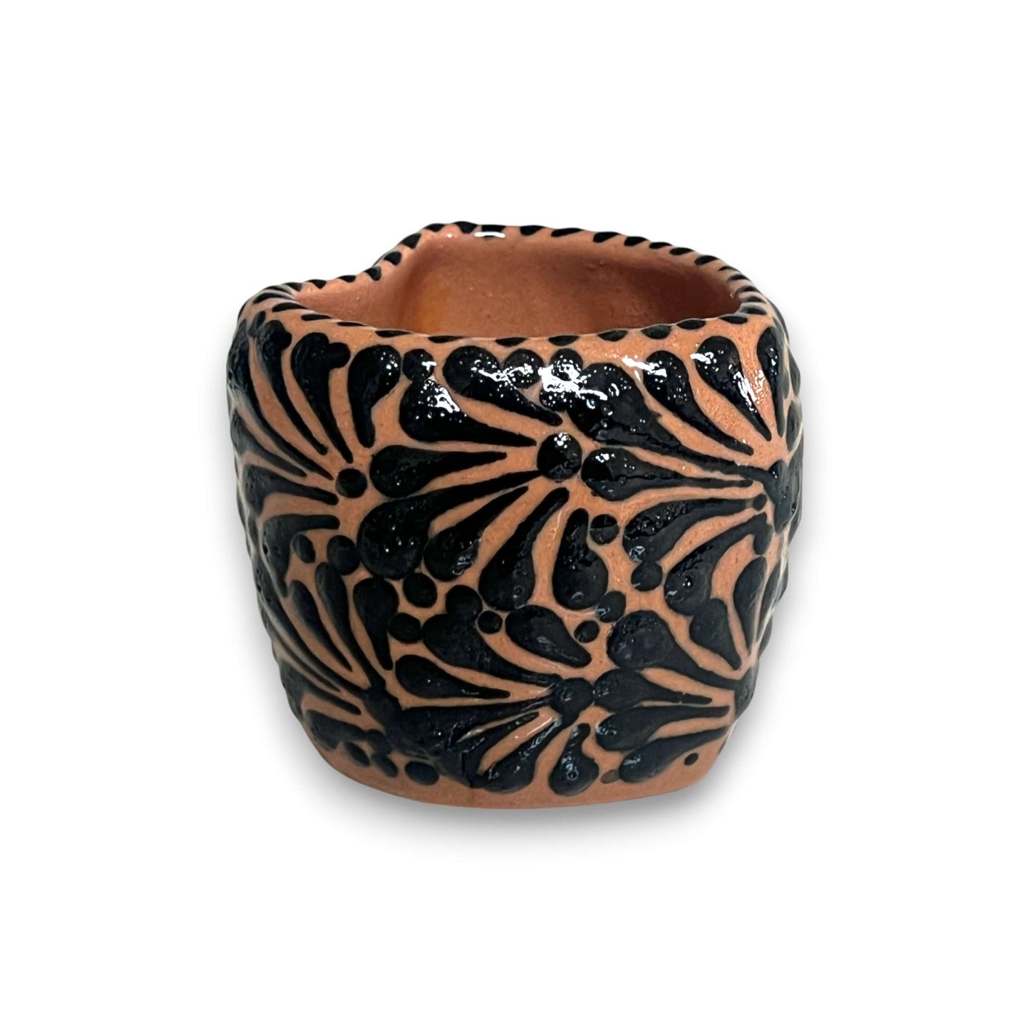 Black Talavera Heart Mug – Slightly Imperfect & Handmade hand-painted black floral heart-shaped mug from Guanajuato, kiln-fired, lead-free glaze