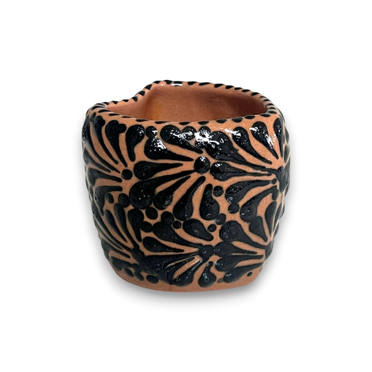 Black Talavera Heart Mug – Slightly Imperfect & Handmade hand-painted black floral heart-shaped mug from Guanajuato, kiln-fired, lead-free glaze