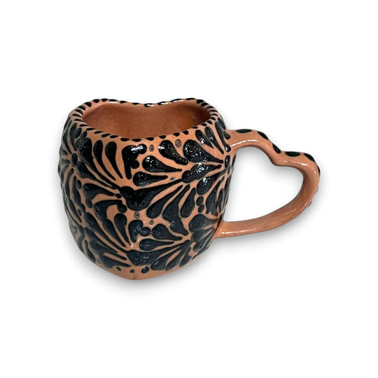 Black Talavera Heart Mug – Slightly Imperfect & Handmade hand-painted black and clay heart-shaped mug with patterned glaze