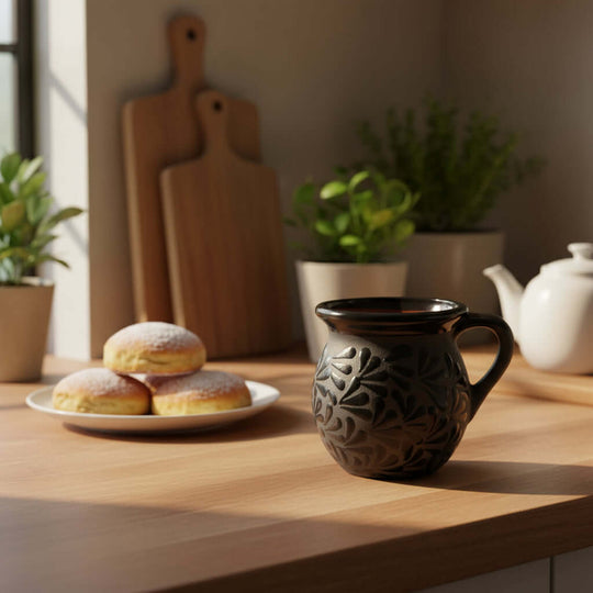 Black Talavera Jarrito Mug | Handmade Mexican Clay Coffee Cup on kitchen counter with donuts and teapot, hand-carved floral black glaze