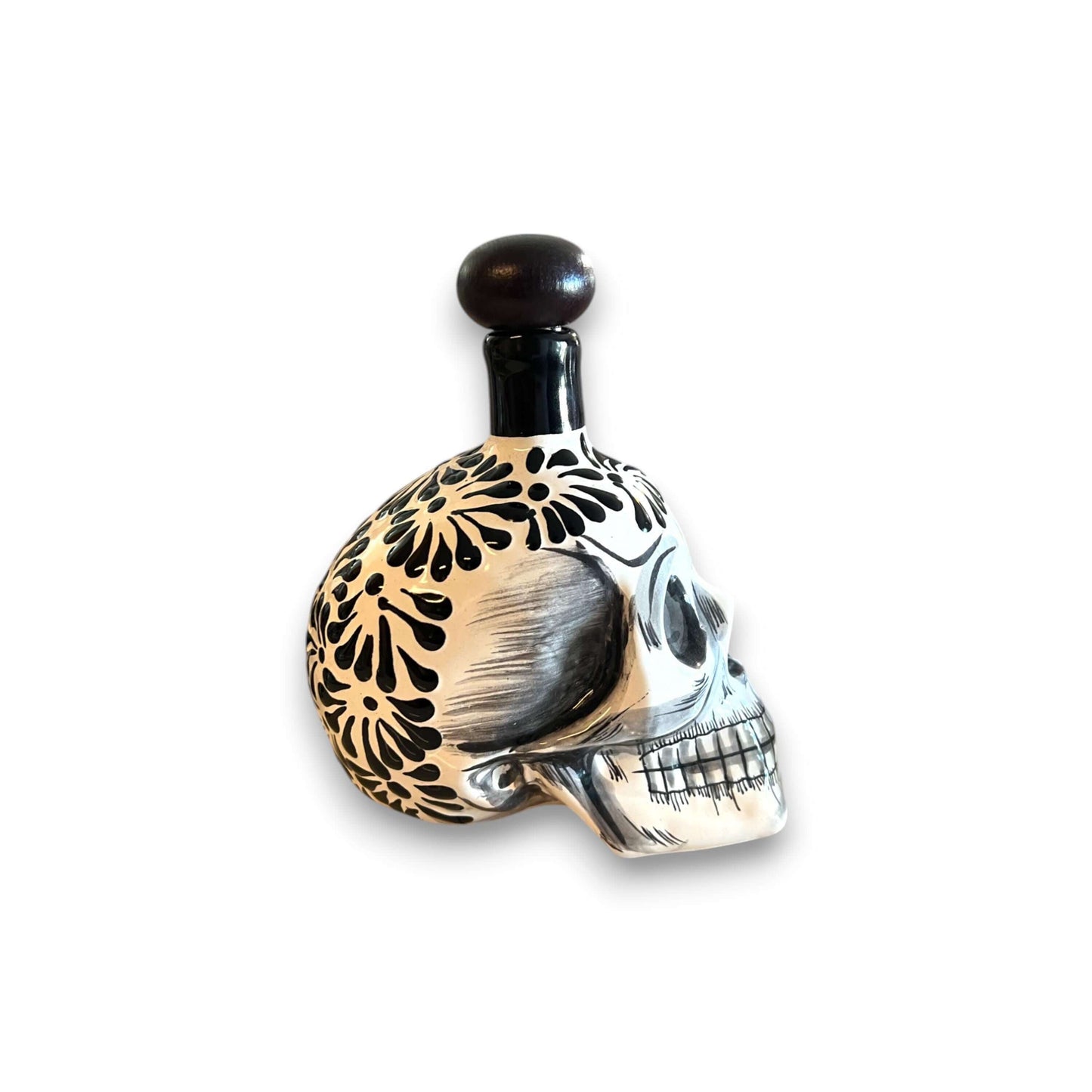 Handmade Skull Decanter Set | Black & White Mexican Barware - hand-blown skull decanter with floral black and white design