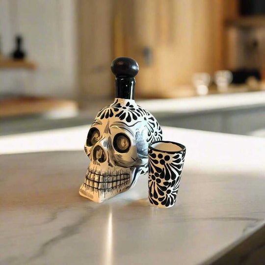 Handmade Skull Decanter Set | Black & White Mexican Barware - hand-blown skull decanter and matching shot glass on marble counter