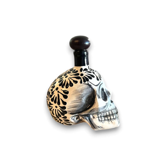 Handmade Skull Decanter Set | Black & White Mexican Barware - hand-blown skull decanter with floral black and white design