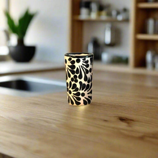 Handmade Skull Decanter Set | Black & White Mexican Barware - hand-blown lead-free skull shot glass with black floral pattern