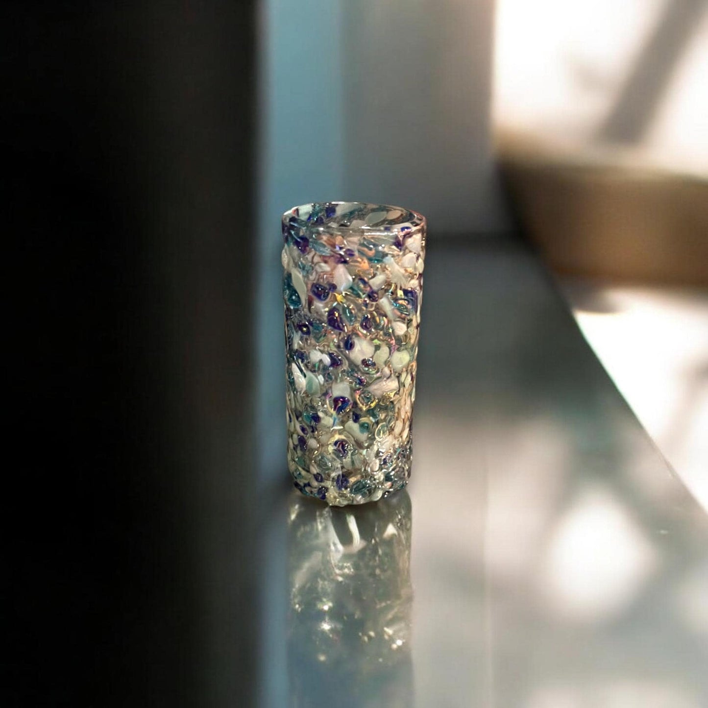 Handmade Blue and White Confetti Shot Glass | Artisanal Double Shot Glass - hand-blown blue white confetti double shot glass from Guanajuato