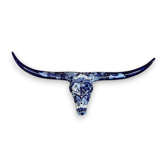 Talavera Longhorn Skull | Blue & White Mexican Wall Art - hand-painted Talavera bull skull with long horns, blue-and-white floral motifs, kiln-fired ceramic