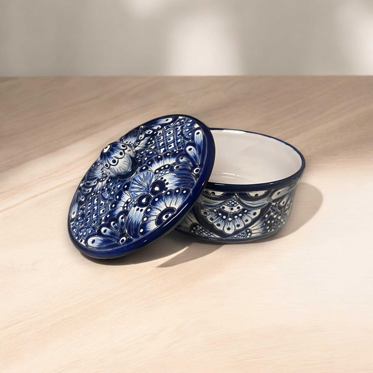 Blue & White Talavera Tortilla Warmer | Handmade Mexican Kitchenware - hand-painted kiln-fired blue and white Talavera tortilla warmer