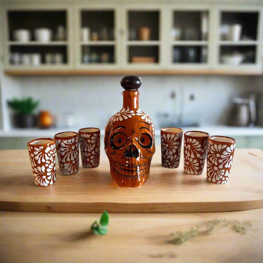 Handmade Skull Decanter Set | Brown & White Mexican Barware - hand-blown skull decanter with six matching brown and white shot glasses