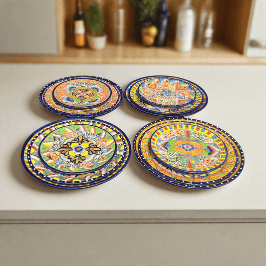 Colorful Talavera Dinnerware Set | 12-Piece Plate Set — hand-painted Mexican Talavera plates with vibrant floral patterns, kiln-fired lead-free glaze