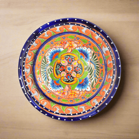 Colorful Talavera Dinnerware Set | 12-Piece Plate Set - hand-painted Mexican Talavera plate with vibrant floral pattern and blue orange border