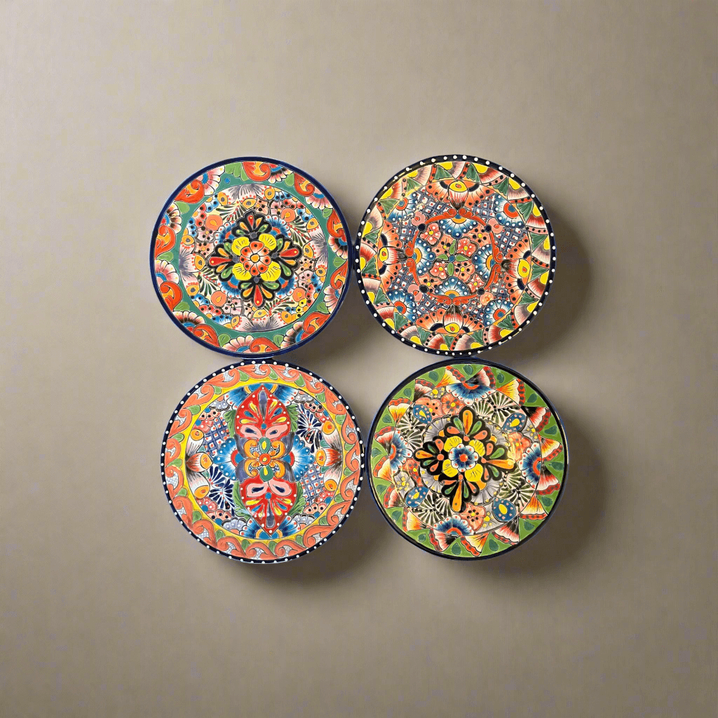 Colorful Talavera Dinnerware Set | 24-Piece Plate Set for 8 - four hand-painted Talavera plates with vibrant floral patterns