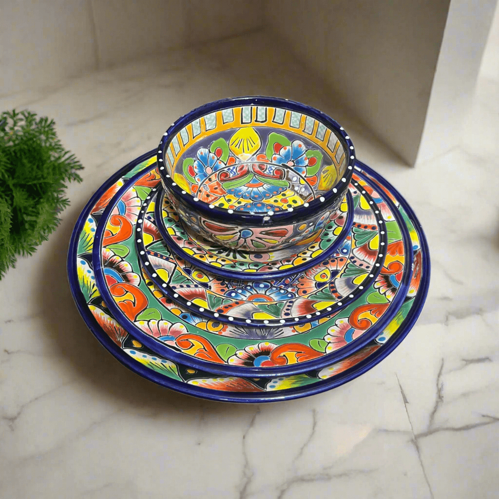 30-Piece Talavera Dinnerware Set | Colorful Tableware (Seats 6) - hand-painted Talavera plates and bowls with vibrant Mexican floral designs