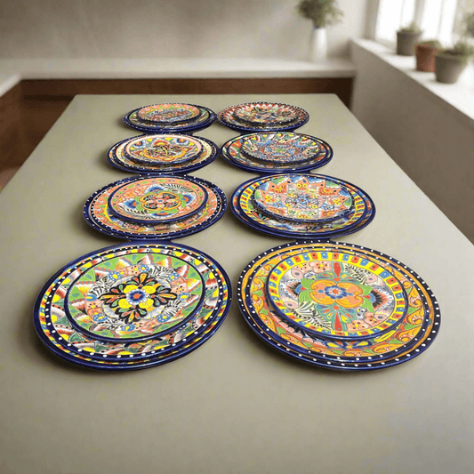 Colorful Talavera Dinnerware Set | 24-Piece Plate Set for 8 - hand-painted Talavera plates arranged on table, vibrant Mexican patterns, lead-free glaze