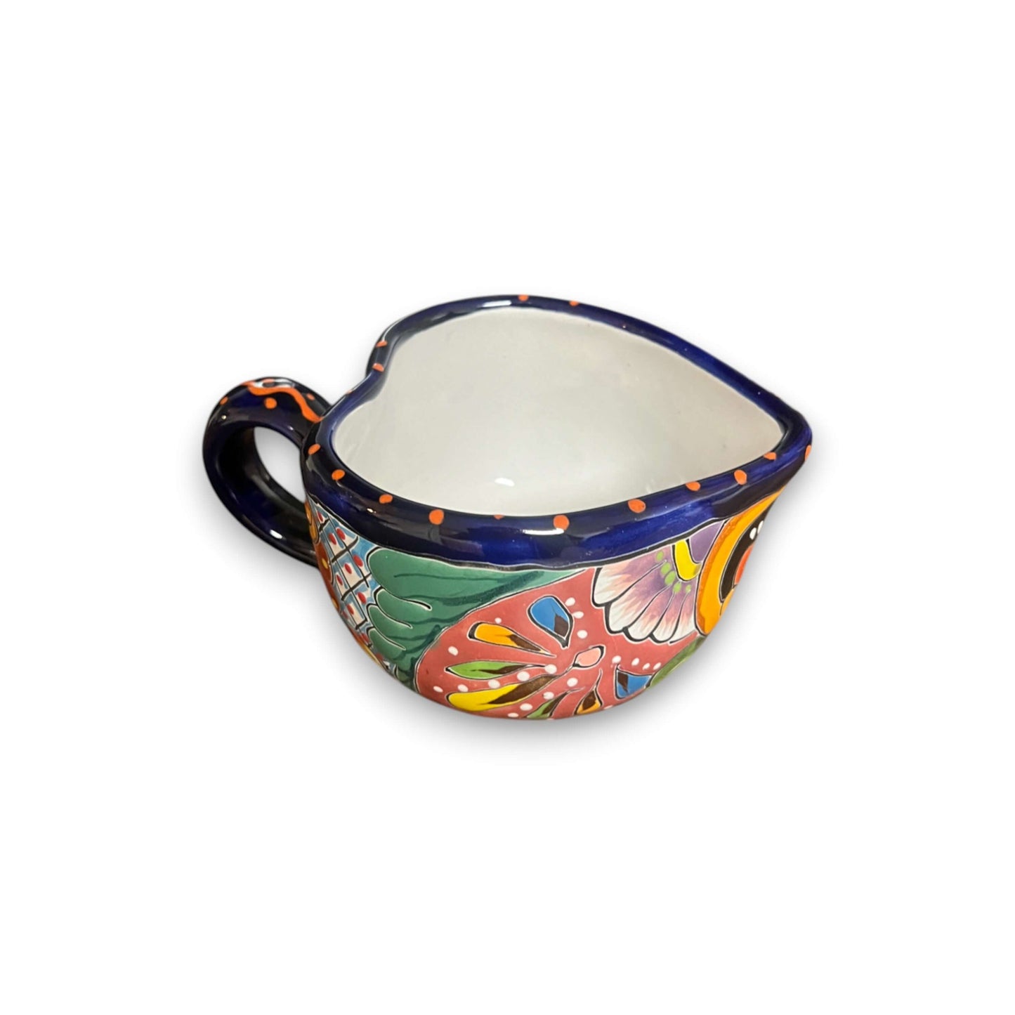 Colorful Talavera Heart Mug | Handmade Mexican Pottery Cup - heart-shaped hand-painted Talavera ceramic mug with cobalt rim