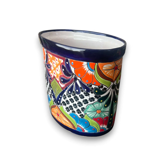 Colorful Talavera Trash Can | Handmade Mexican Waste Bin - oval hand-painted Talavera floral ceramic waste bin from Guanajuato, vibrant decorative home accent