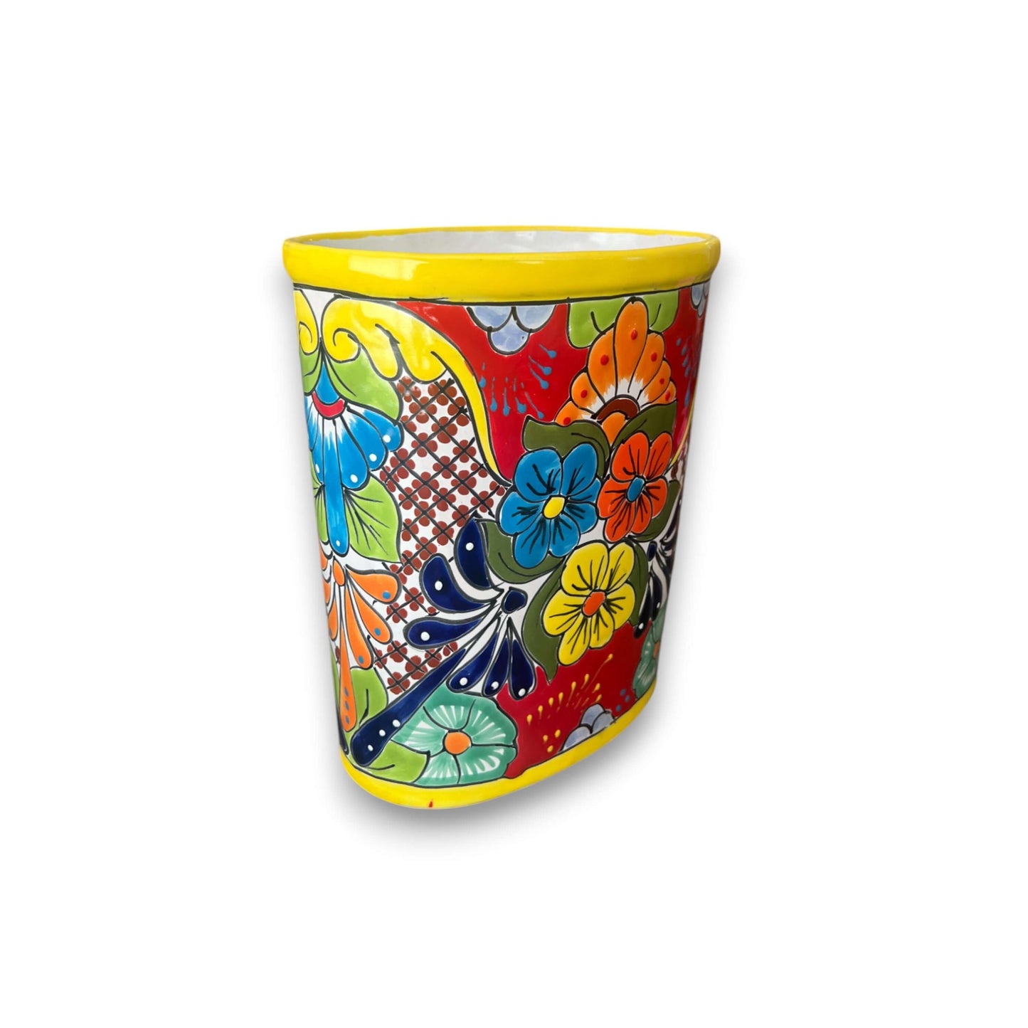 Colorful Talavera Trash Can | Handmade Mexican Waste Bin - hand-painted oval Talavera floral waste bin from Guanajuato with lead-free glaze