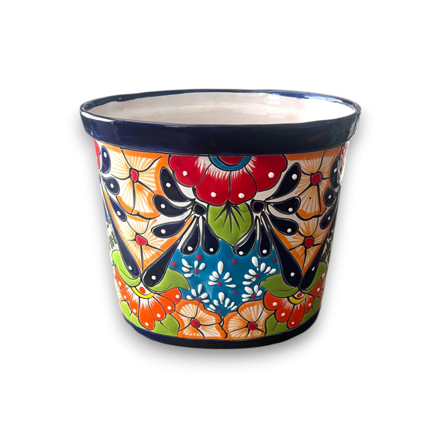 Colorful Talavera Trash Can | Handmade Mexican Waste Bin - hand-painted oval Talavera floral ceramic waste bin from Guanajuato