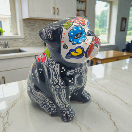Day of the Dead Bulldog Figurine | Handmade Talavera Dog Statue hand-painted black skull-style bulldog decor