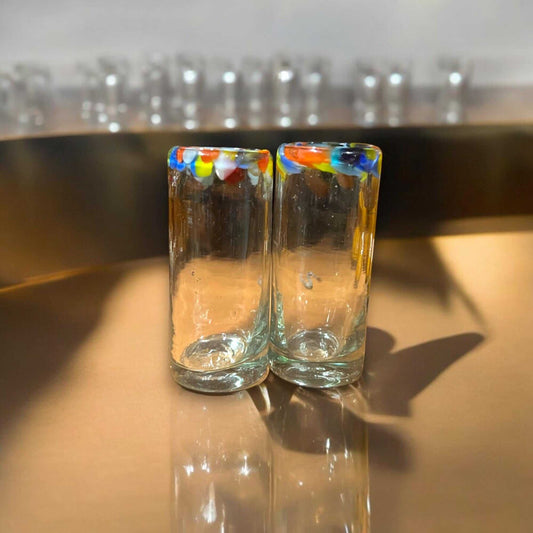 Handmade Double Shot Glass | Artisanal Confetti Rim Design - pair of hand-blown lead-free shot glasses with colorful confetti rim