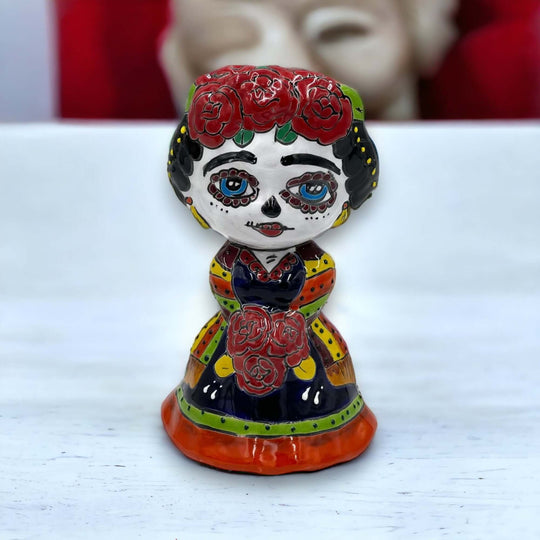 Handmade Frida Kahlo Planter - Day of the Dead Statue (Medium Size) hand-painted Mexican ceramic planter with floral crown and colorful dress