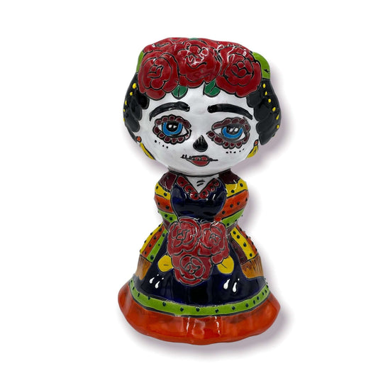 Handmade Frida Kahlo Planter - Day of the Dead Statue (Medium Size) hand-painted Talavera planter with red roses and colorful dress