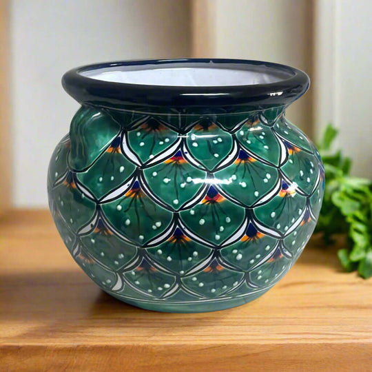 Vibrant Talavera Flower Pot | Green Peacock Design hand-painted green peacock planter, kiln-fired lead-free glaze, Mexican artisan pottery