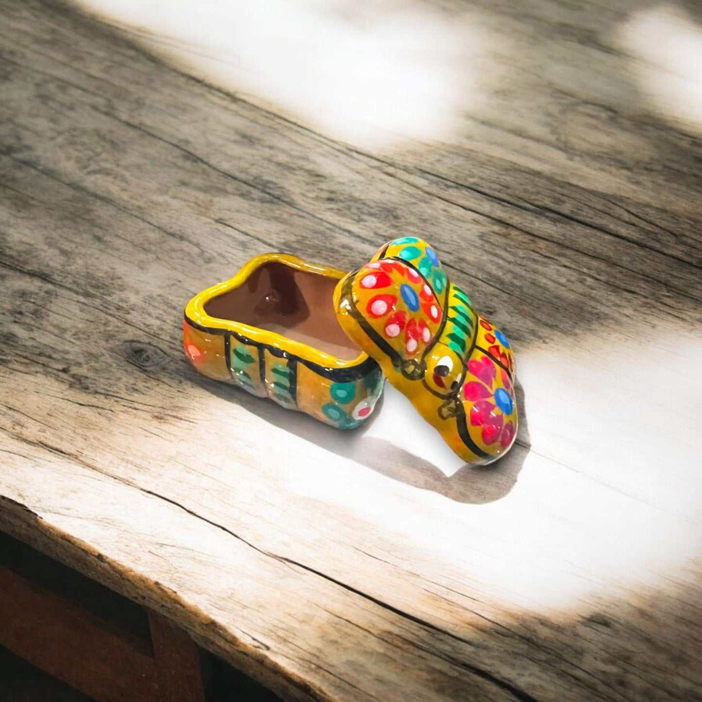 Handmade Guerrero Butterfly Jewelry Box | Mexican Ceramic Earring Holder - hand-painted yellow talavera butterfly earring holder on wood