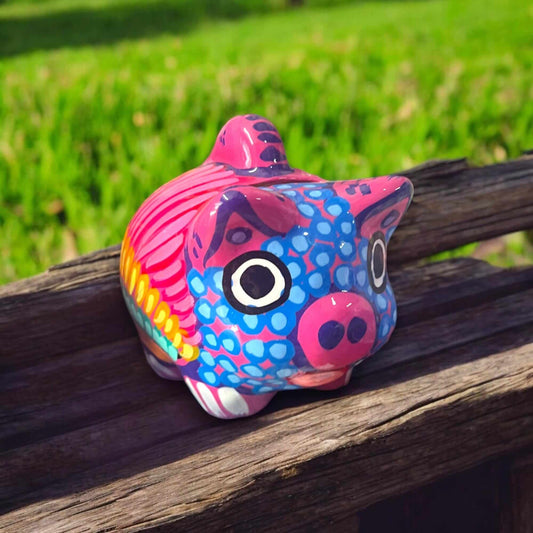 Handmade Colorful Guerrero Piggy Bank | Painted Mexican Coin Bank (Small) - hand-painted Talavera-style colorful piggy bank from Guanajuato, Mexico