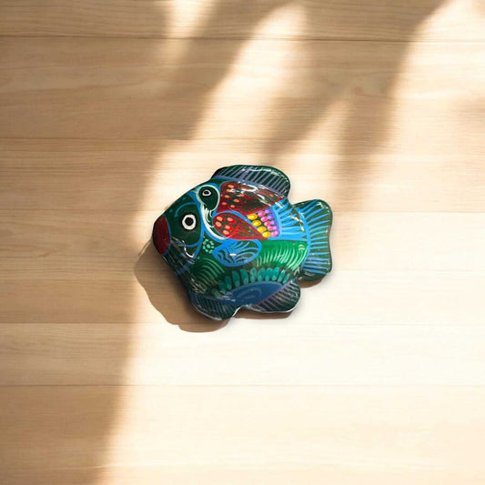 Guerrero Fish Jewelry Box | Handmade Ceramic Earring Organizer - hand-painted Guerrero fish jewelry box on wood, colorful Talavera-style earring holder