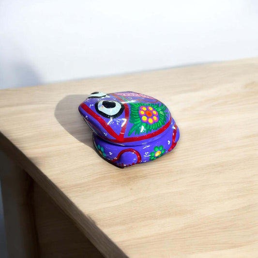 Guerrero Frog Jewelry Box | Handmade Mexican Ceramic Trinket Holder - hand-painted purple Talavera frog trinket box from Guanajuato, Mexico