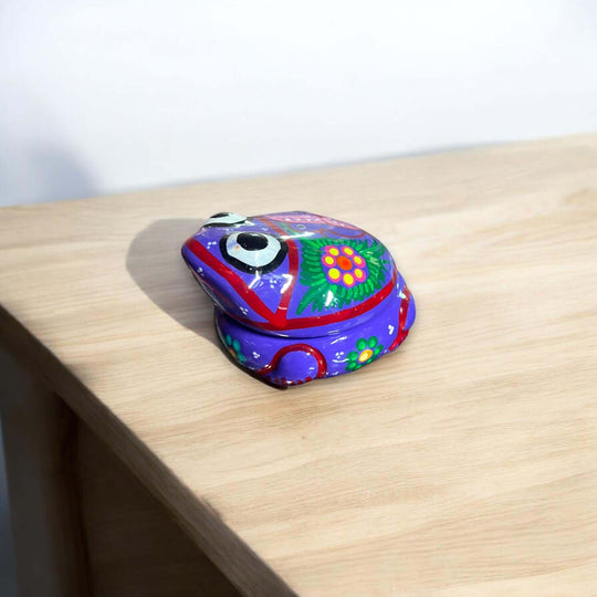 Guerrero Frog Jewelry Box | Handmade Mexican Ceramic Trinket Holder - hand-painted purple Talavera frog trinket box from Guanajuato, Mexico