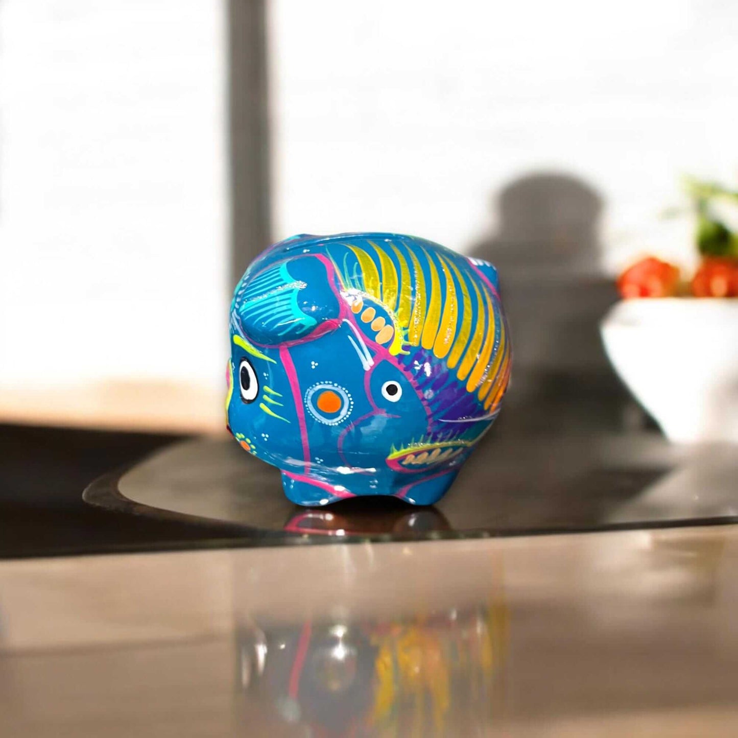 Handmade Guerrero Piggy Bank | Mexican Painted Ceramic Coin Bank (Small) — hand-painted blue Guerrero pottery piggy bank from Guanajuato, Mexico