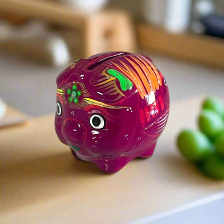 Handmade Guerrero Piggy Bank | Mexican Painted Ceramic Coin Bank (Small) - hand-painted purple Guerrero pottery piggy bank from Guanajuato, Mexico