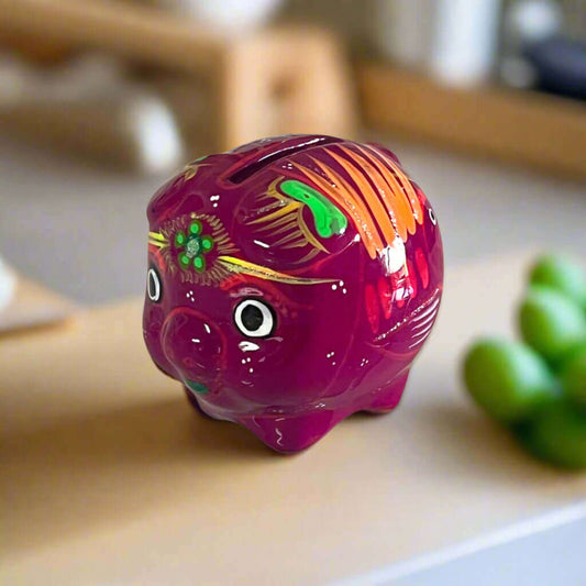 Handmade Guerrero Piggy Bank | Mexican Painted Ceramic Coin Bank (Small) - hand-painted purple Guerrero pottery piggy bank from Guanajuato, Mexico