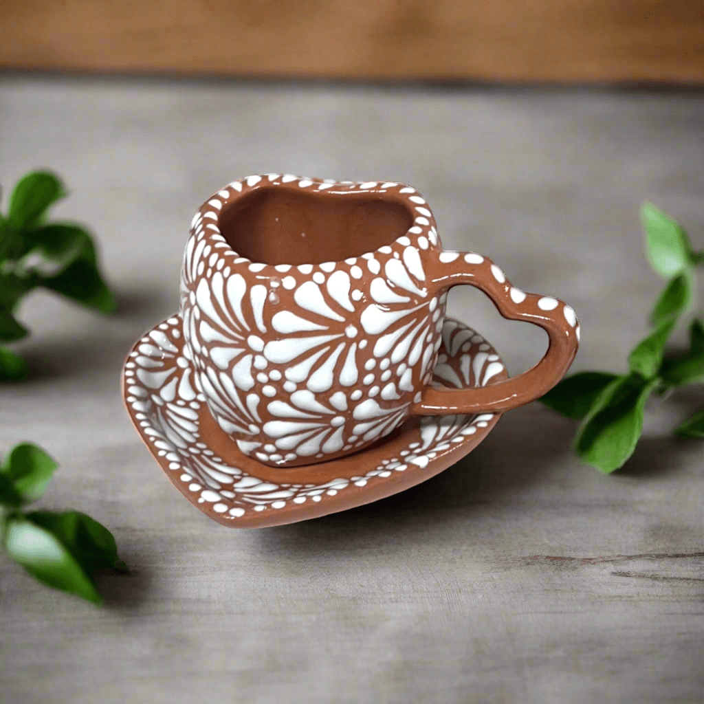 Heart Mug & Pitcher Set | Handmade Mexican Pottery (9-Pieces) - single brown heart mug and saucer hand-painted with white floral Talavera pattern