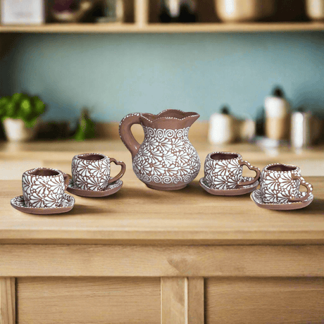 Heart Mug & Pitcher Set | Handmade Mexican Pottery (9-Pieces) - hand-painted white-patterned heart mugs with matching saucers and central pitcher