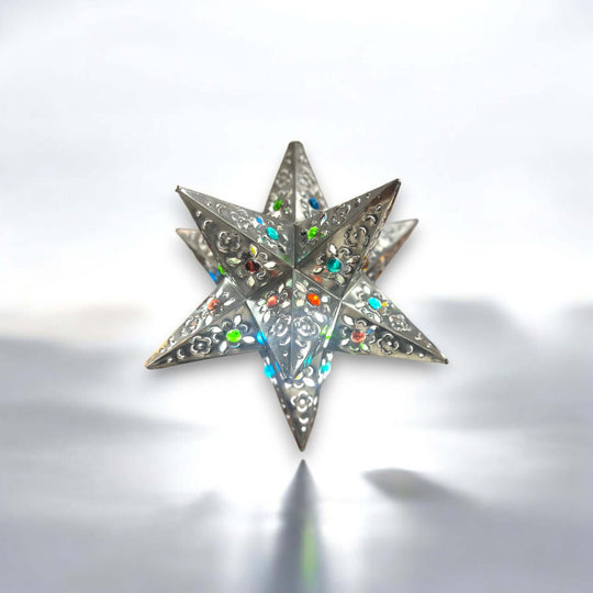Handmade Metal Star Ornament | Stained Glass Light Fixture — handcrafted metal star with colorful stained glass accents, fits a light bulb, Guanajuato craft