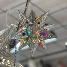 Handmade Metal Star Ornament | Stained Glass Light Fixture hanging silver star with colorful stained glass accents