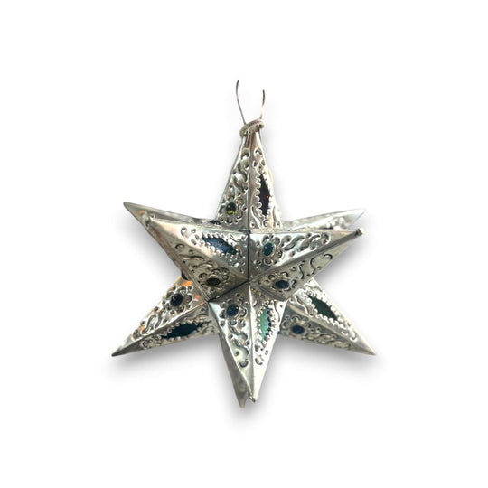Handmade Metal Star Ornament | Stained Glass Light Fixture - silver pierced metal star with stained glass panels, hanging decorative light