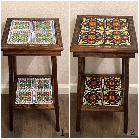 Handmade Mexican Accent End Table | Talavera Tiles, Wood Side Table
