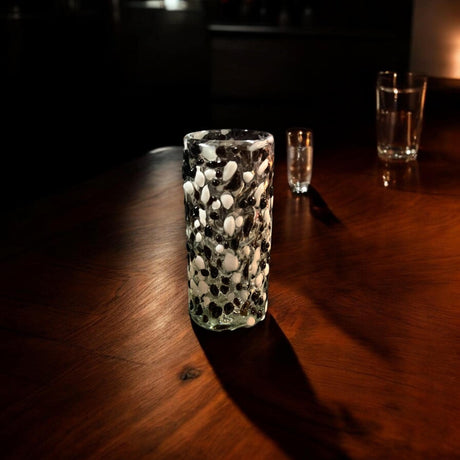 Handmade Mexican Double Shot Glass | Artisanal Black & White Confetti Design — hand-blown lead-free glass with black and white confetti pattern