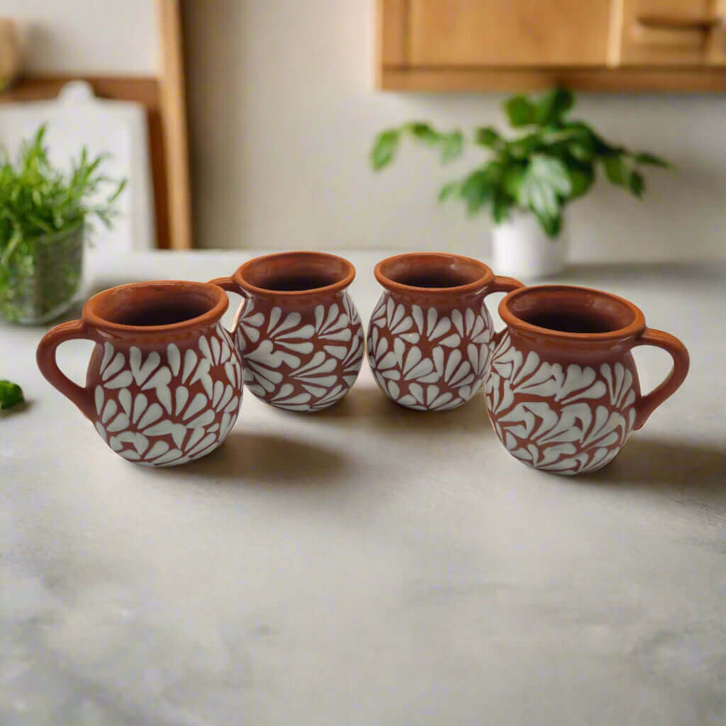 Mexican Clay Jarrito Mug | Handmade Brown Pottery Cup - set of 4 hand-painted brown clay mugs with white floral etching, matte finish, Guanajuato craft