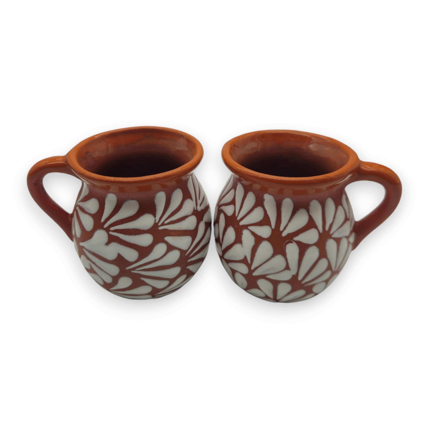 Mexican Clay Jarrito Mug | Handmade Brown Pottery Cup - pair of hand-painted brown clay mugs with white etched floral pattern, matte finish, Guanajuato