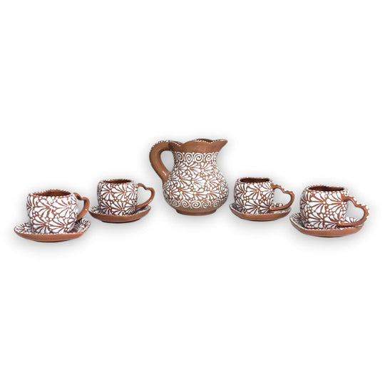 Heart Mug & Pitcher Set | Handmade Mexican Pottery (9-Pieces) - handmade Talavera heart-shaped mugs and pitcher with white floral design