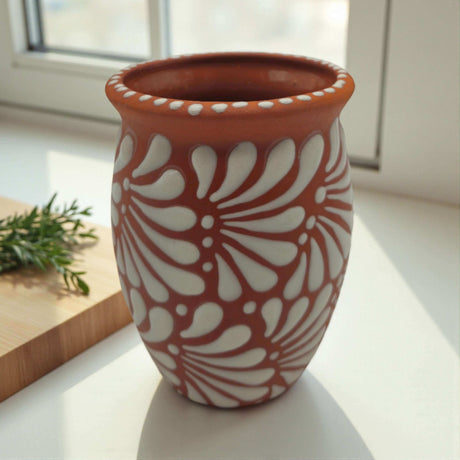 Terracotta Relief Cantarito | Handcrafted Mexican Pottery Cup - hand-painted terracotta cup with raised white floral relief, kiln-fired, lead-free glaze