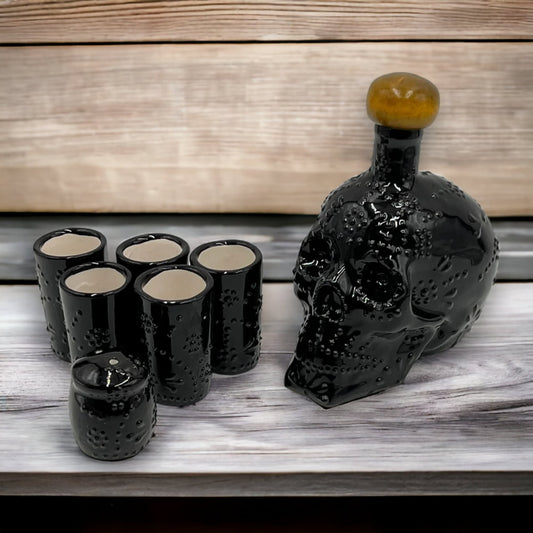Handmade Mexican Skull Decanter & Shot Glass Set | Hand-Painted Ceramic Tequila Collection