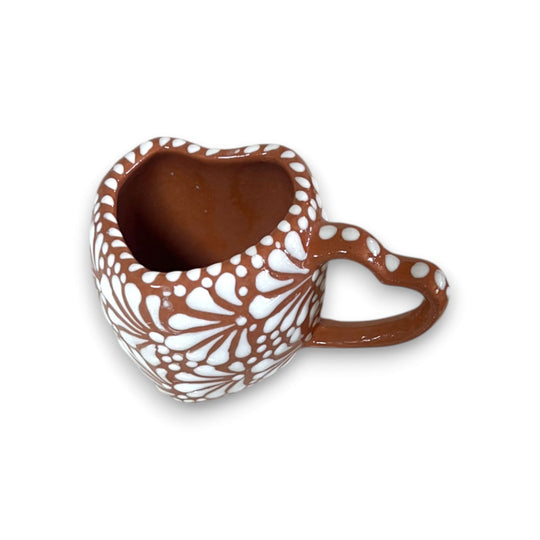Heart Mug & Pitcher Set | Handmade Mexican Pottery (9-Pieces) - single hand-painted terracotta heart mug with white floral Motifs
